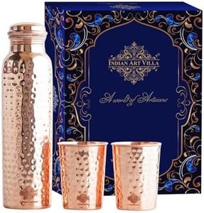 Indian Art Villa Pure Copper Drinkware Gift Set of Hammered Design 1 Bottle & 2 Glass With Gift Box, Gift item for Diwali, Birthdays & Parties, Bottle-34 Oz & Glass-10 Oz