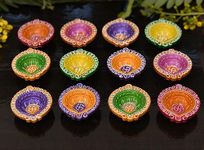 Collectible India Clay 12 Diyas Diya Deepak Earthen Assorted Colorful Set - Diwali Decoration Puja - Handpainted Diya for Home Indoor Outdoor Diwali Design Handmade Mix Color (Set of 12)