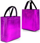 Drapme Small Size Pack of 10 Pcs Glossy Metallic Laminated Non-Woven Reusable Eco-Friendly Party Return Gift Bags (Hot Pink) (Small 9.5x10x4 Inch)