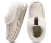 COFACE Women's Arch Support Memory Foam House Slippers Ladies Warm Fuzzy Faux Fur Collar Winter Moccasin Shoes with Orthopedic Plantar Fasciitis Indoor Outdoor Hard Rubber Sole Beige Size 5