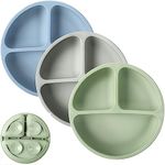 Toddler Plates 3 Pack - Suction Plates for Baby - 100% Silicone Baby Plates - BPA Free - Microwave and Dishwasher Safe - Divided Design - Blue,Green&Grey