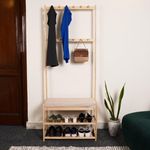 Naayaab Craft Freestanding Bamboo Coat Rack with Shoe Bench with 12 Coat Hooks and 2 Shoe Storage Shelves for Living Room - (70 x 31 x 172 cm) - Beige