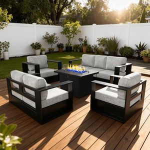 Vakollia 5 Pieces Patio Furniture Set with Fire Pit Table, Metal Modern Conversation Set with Deep Seating and Widened Aluminum Frame for Deck, Porch, Garden
