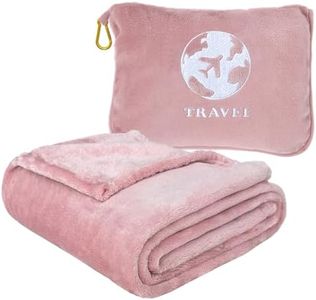 Bnuitland Travel Blanket and Pillow 2 in 1, Soft Flannel Airplane Blanket in Bag Compact-Long Flight Essential for Adults and Kids, Portable Luggage Sleeve and Backpack Clip, 65×40 inch Pink