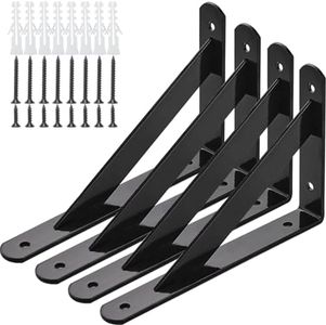 Heavy Duty Shelf Brackets, 8 in X 5 in Wall Mount L Steel Bracket for Floating Shelf, Black, 4Pack