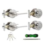 Exterior Door Lock Set with Deadbolt，Entry Door Handle and Single Cylinder Deadbolt Lock Round Locking Lever Set for Left or Right Sided Doors,Heavy Duty Satin Nickel（ All Keyed Alike） 2 Pack