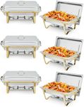 Garvee Chafing Dish Buffet Set 6 Pack, 8QT Buffet Servers and Warmers Set with Lid & Foldable Frame, Rectangular Stainless Steel Chafer Food Warmer for Parties Wedding Catering Supplies, Gold
