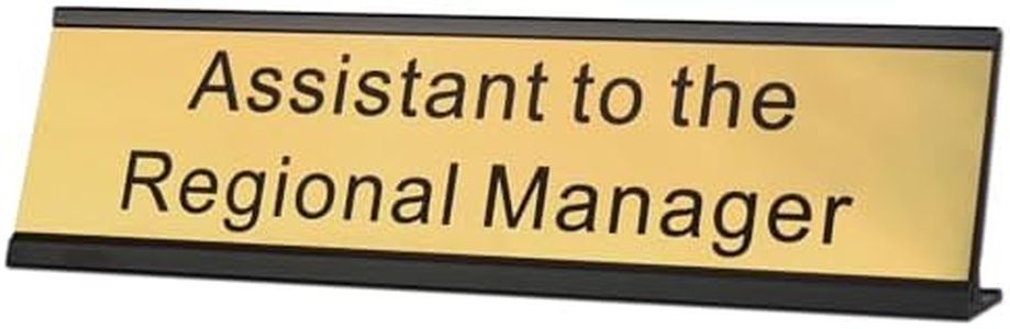 Assistant to The Regional Manager Desk Plate, 2 x 8 inch Novelty Name Plate, Gold Name Plate with Black Aluminum Desk Holder