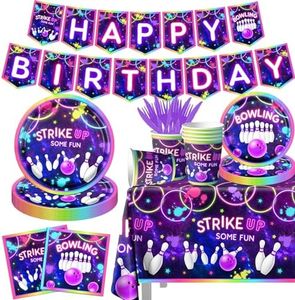 Bowling Birthday Tableware 142Pcs Let's Strike Up Some Fun Bowling Party Decorations Rainbow Neon Glow Girls Birthday Party Favors Disposable Plates,Tablecloth,Napkins,Cups,Forks and Knives