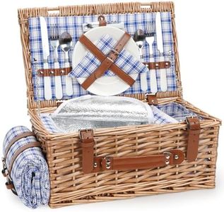 Wicker Picnic Basket Set for 2 Persons with Waterproof Picnic Blanket and Large Insulated Cooler Compartment, Willow Picnic Hamper Basket with Cutlery Service Kits for Camping, Wedding (Blue)