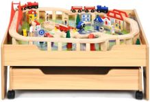 OLAKIDS Train Table, 100 Pieces Kids Wooden Activity Table Playset with Storage Drawer Multicolor Railway Tracks Cars City, Creative Toy Set Gift for Toddlers Boys Girls