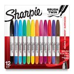 SHARPIE Brush Twin Permanent Markers, Brush Tip Marker and Ultra Fine Tip Marker, Assorted, 12 Count 2168237