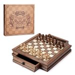 AMEROUS Magnetic Wooden Chess Set, 12.8" x 12.8" Walnut Chess Board Game with 2 Built-in Storage Drawers - 2 Bonus Extra Queens - Chess for Beginner, Kids and Adults, Gift Packaging