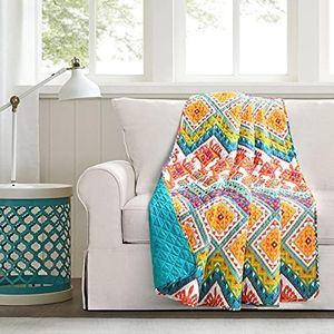 Lush Decor Boho Couverture réversible en Coton Motif Chevrons Turquoise 152,4 x 127 cm