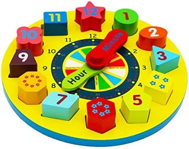 TOWO Wooden Shape Sorting Clock-Learning to Tell The Time - Wooden Teaching Clock with Numbers and Shapes Sorting Puzzle – Educational Toys for 3 Years Old