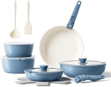 16pcs Ceramic Pots and Pans Set Non Stick, Nonstick Kitchen Cookware Set with Detachable Handle, Non Toxic, PFAS PFOA & PTFE Free, RV Ceramic Cookware Set for Camping, Dishwasher/Oven Safe (Blue)