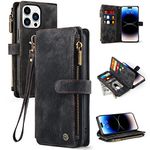Vofolen for iPhone 14 Pro Max Case Wallet Case with Card Holder Slots Leather Flip Stand Case Wristlet Zipper Magnetic Closure Shockproof Protective Case Cover for iPhone 14 Pro Max Phone Case-Black