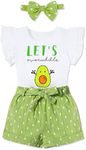 Toddler Girl Clothes 3T-4T Summer Outfits, Baby Girl Clothes Sets with Avocado Ruffle Short Sleeve Top + Green Shorts Pants + Bow Hairband 3Pcs Set