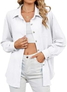 TMEOG Camisa Mujer Manga Larga Blusas Elegantes Camisas Cuello de Pico Blusas de Vestir con Botones Camisa Casual Tono Liso para Mujer(Blanco,XL)