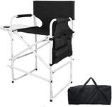 ABACAD Tall Director Chair Foldable Wide Body, Portable Makeup Artist Chair Bar Height, Outdoors Folding Chair with Side Table Storage Bag Foot Rest, Black