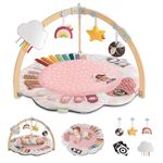 Blissful Diary Baby Play Gym & Activity Mat, 5 Developmental Zones Wooden Tummy Time Mat with 5 Detachable Sensory Toys for Motor Skills & Sensory Development, Baby Essentials Shower Gift, Pink Flower