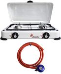 Portable Double Gas Stove 2 Burner Camping White Enamel Lid Outdoor LPG + Butane Regulator Set (Butane 21mm Clip-on)