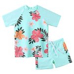 ZNYUNE Girls 2PCS Swimsuit Short Sleeve Kids BeachSwimming Set Costume for 3-12Years S241 Cyan 16A