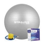 STRAUSS Anti-Burst Rubber Gym Ball with Free Foot Pump | Round Shape Swiss Ball for Exercise, Workout, Yoga, Pregnancy, Birthing, Balance & Stability, 75 cm, (Grey)