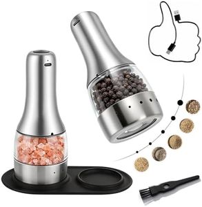 Electric Salt and Pepper Grinder Mill Set, 90ml Rechargeable Automatic Salt and Pepper Shakers with Dusty Tray, LED Lights, 5 Adjustable Coarseness for Kitchen, Outdoor Birthday Gifts for Women Mom