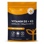 Vitamin D3 4000 iu & Vitamin K2 100μg (MK7) – 180 Vegetarian Tablets – 6 Month Supply - High Strength Vitamin D Supplement for Bones, Muscles & Immune System – Nutravita