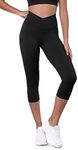 ODODOS Women's Cross Waist Yoga Capris with Inner Pocket, Inseam 19" Gathered Crossover Workout Cropped Yoga Pants, Black, Medium