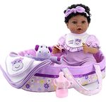 Aori Reborn Baby Dolls Black Purple Bassinet 18 inch African American Lifelke Newborn Girl Dolls in Soft Vinly and Weighted Body with 8-Piece Gift Set