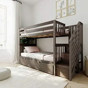 Max & Lily Bunk Bed, Twin-Over-Twin Bed Frame For Kids With Stairs and Trundle, Clay