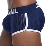 JOCKMAIL Breathable Mesh Enhancing Padded Hip Sexy Boxer Men Underwear Removable Enhancement Two Butt Pads and penis Pad (M, Mesh Navy)