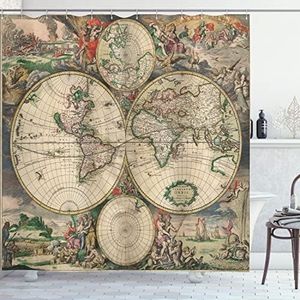 Ambesonne World Map Shower Curtain, Antique Design with Renaissance Continents and Hemispheres Vintage Art, Cloth Fabric Bathroom Decor Set with Hooks, 69" W x 70" L, Eggshell Green