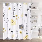 XZTXBest Watercolor Floral Shower Curtain Set,Yellow and Grey Floral Shower Curtain for Bathroom,Modern Minimalist White Bath Curtain,Waterproof Fabrict with 12 Hooks,Waterproof,72x72 Inch