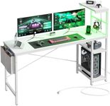 Bestier Gaming Desk with Power Outlets, 61 Inch Large Led Gamer Desk with 4 Tiers Reversible Shelves, PC Gaming Table with Headset Hook & Side Storage Bag for Bedroom (White 3D Carbon Fiber)