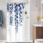 Gibelle Small Stall Shower Curtain 36 x 72, Narrow Half Navy Blue Eucalyptus Fabric Shower Curtain, Watercolor Leaves on The Top Floral Botanical Decorative Bathroom Shower Curtain Set with Hooks