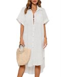 Bsubseach Women Button Down Shirt Bathing Suit Cover Up Beach Coverup Blouse Tunic Dress White S