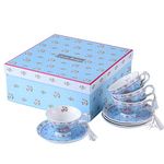 London Boutique Tea cup and Saucer set 4 Afternoon Tea Set Shabby Chic Vintage porcelain Bird Butterfly Flora Gift Box (Rose Blue)