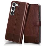 FLIPPED Vegan Leather Flip Case Back Cover for Samsung Galaxy S23 5G (Flexible, Shock Proof | Hand Stitched Leather Finish | Card Pockets Wallet & Stand | Tan with Brown)