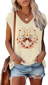 Anbech Butterfly Graphic Tshirts for Women Wildflowers Print Cap Sleeve Tank Tops (Beige, Large)