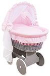 Hooded Wicker Wheel Baby Moses Basket Bassinet Crib with Full Cotton Bedding Set Liner Cover and Mattress - Grey/Pink