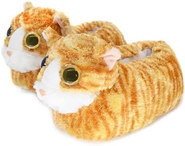 Indoor Fuzzy Winter Animal Cat Plush Soft Slippers for Women, Lovely Cat with Big Eyes (US Men Size 8-10.5, Yellow)