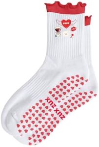 Puedizux Women Cute Pilates Socks Grip Ruffle Cuff Embroidery Pattern Workout Ballet Crew Yoga Socks