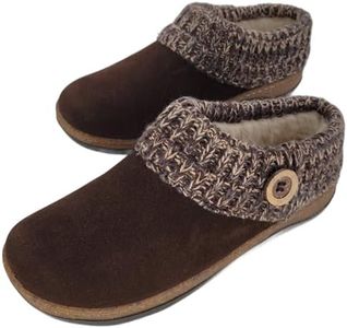 Clarks Women's Suede Leather Slipper with Knitted Sweater Collar & Faux Fur Lining - Indoor/Outdoor House Slippers for Women with Cork Midsole Clog, Dk. Brown, 9