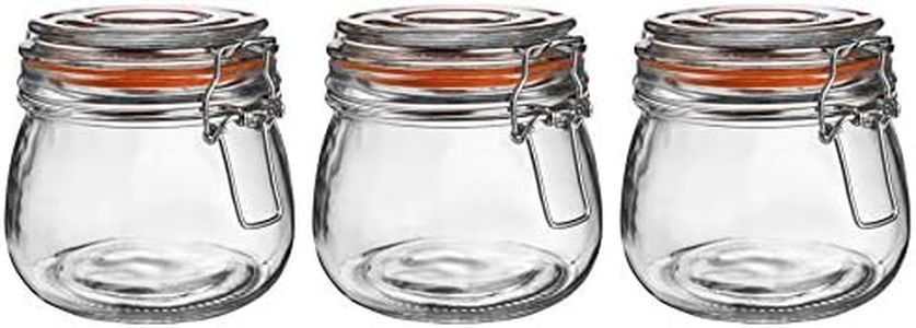 Argon Tableware Glass Jars with Airtight Metal Clip Lid - 500ml/17.6oz - 3 Pack - Orange Silicone Seal - Medium Kitchen Storage Container Round Preserving Jar for Pickling, Chutney, Jam, Coffee