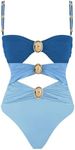 Verdusa Women's Cut Out Colorblock One Piece Swimsuit Ruched Swimwear Bathing Suit Blue Small