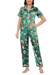 MyFav Christmas Silk Pyjamas Set Satin Button Down Sleepwear Classic Short Sleeve Top and Pants 2 Piece Pjs Lounge Set,Xmas Green,XS