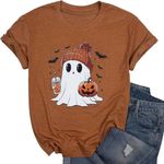 DUTUT Halloween Shirts for Women: Cute Ghost Shirt Pumpkin Shirts Women Fall Graphic Tees Casual Short Sleeve Tops Orange